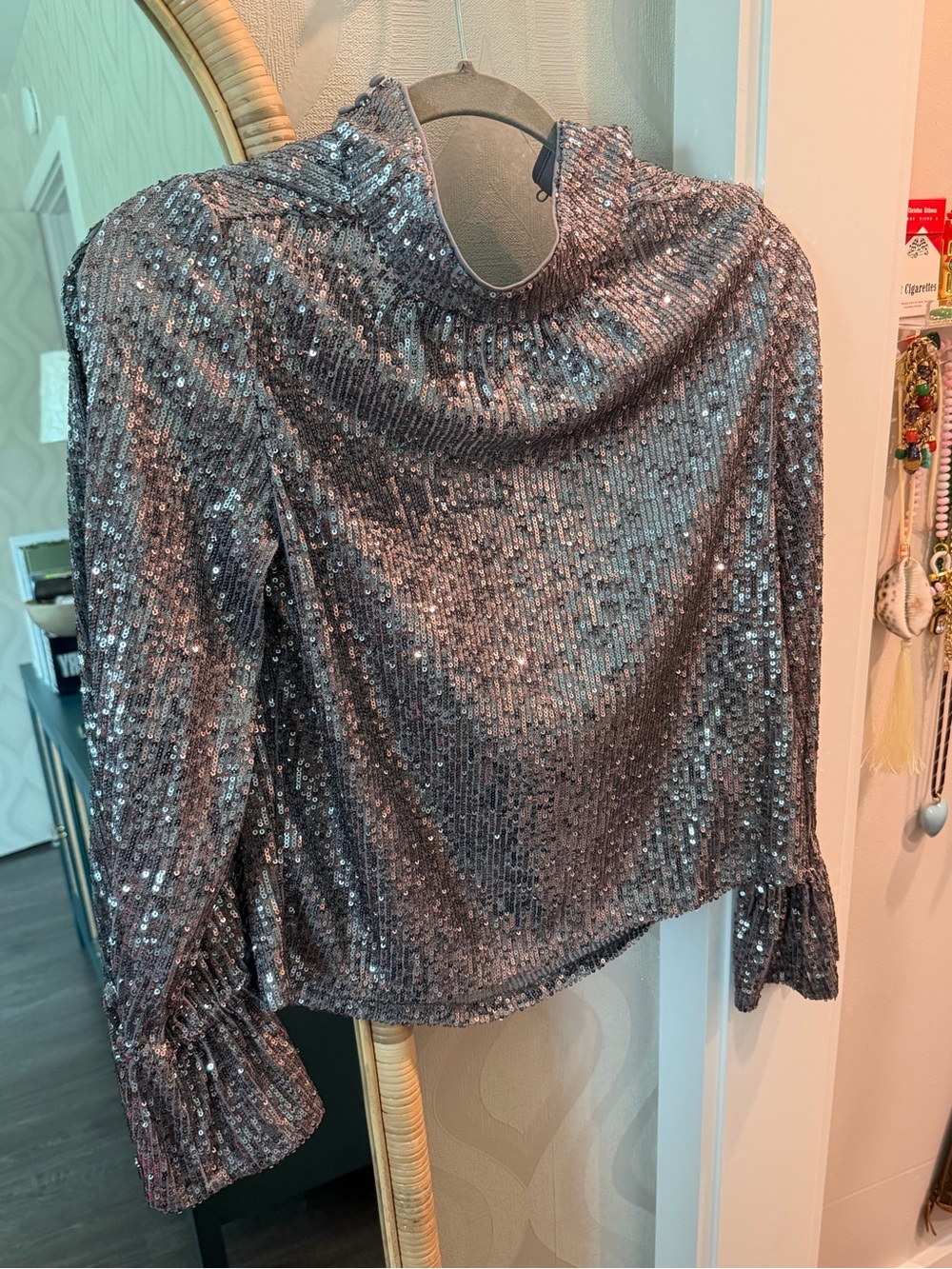 1. State Silver Sequin Cowl-Neck Long Sleeve Top